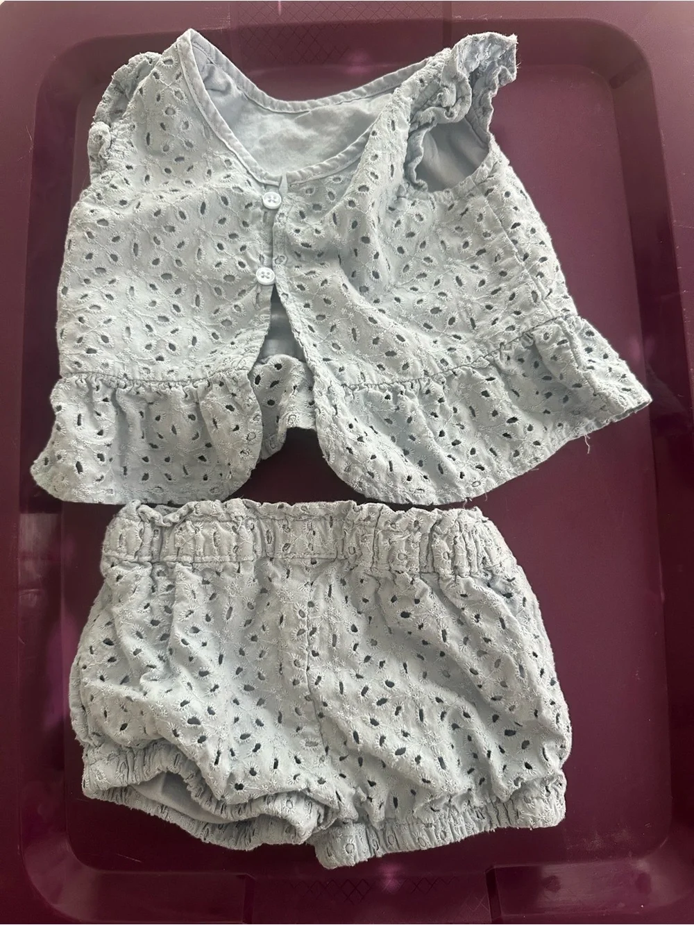 Girls Light Blue Eyelet Ruffle Pajama Set - Sleeveless Top & Shorts